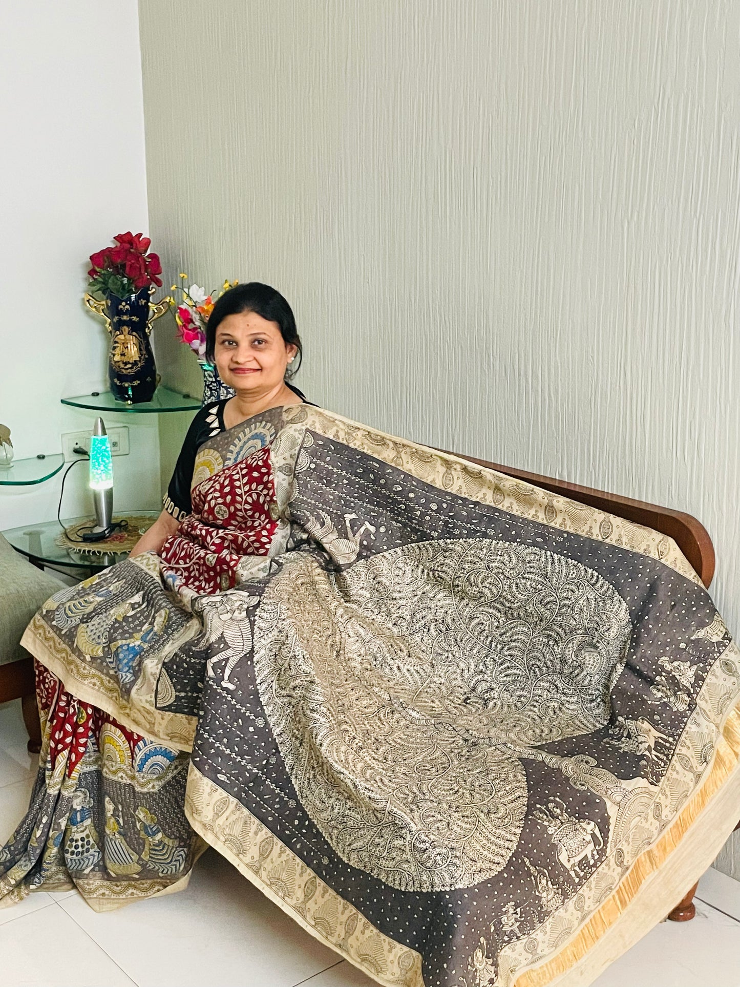 Handcrafted grey Mata Ni Pachedi saree adorned with authentic handpainted designs inspired by Gujarat's folk art heritage