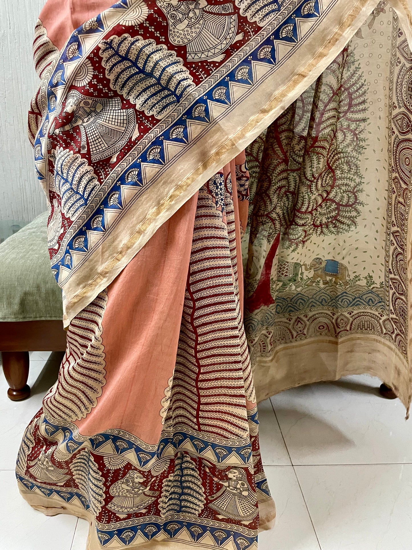 Handcrafted heritage Mata Ni Pachedi saree adorned with authentic handpainted designs inspired by Gujarat's folk art heritage