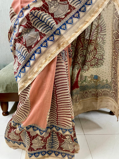 Handcrafted heritage Mata Ni Pachedi saree adorned with authentic handpainted designs inspired by Gujarat's folk art heritage