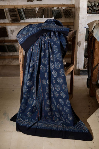 Handcrafted indigo blue Ajrakh dupatta made from breathable mul cotton fabric