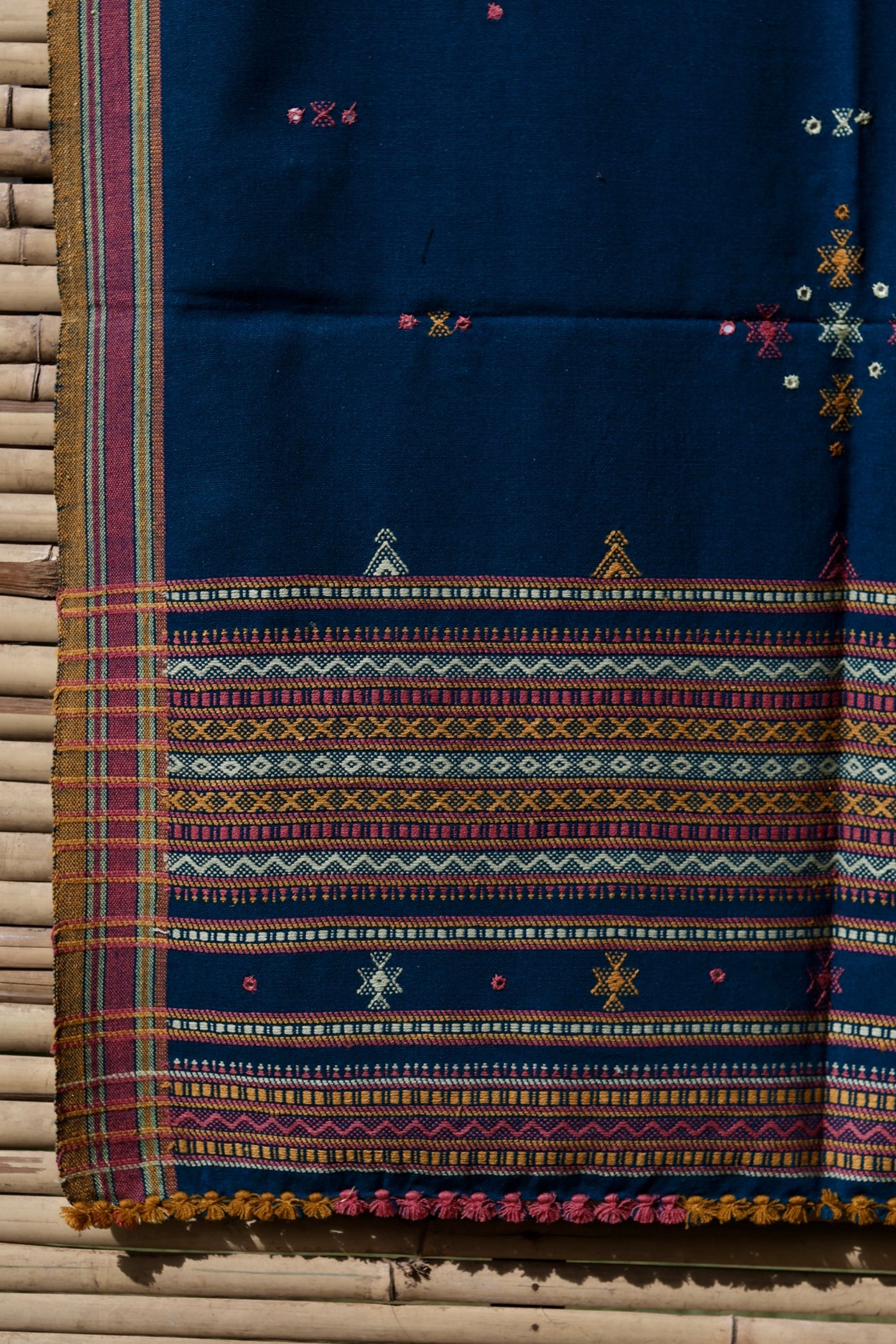 Premium handwoven woolen shawl in indigo blue with a soft texture and graceful drape
