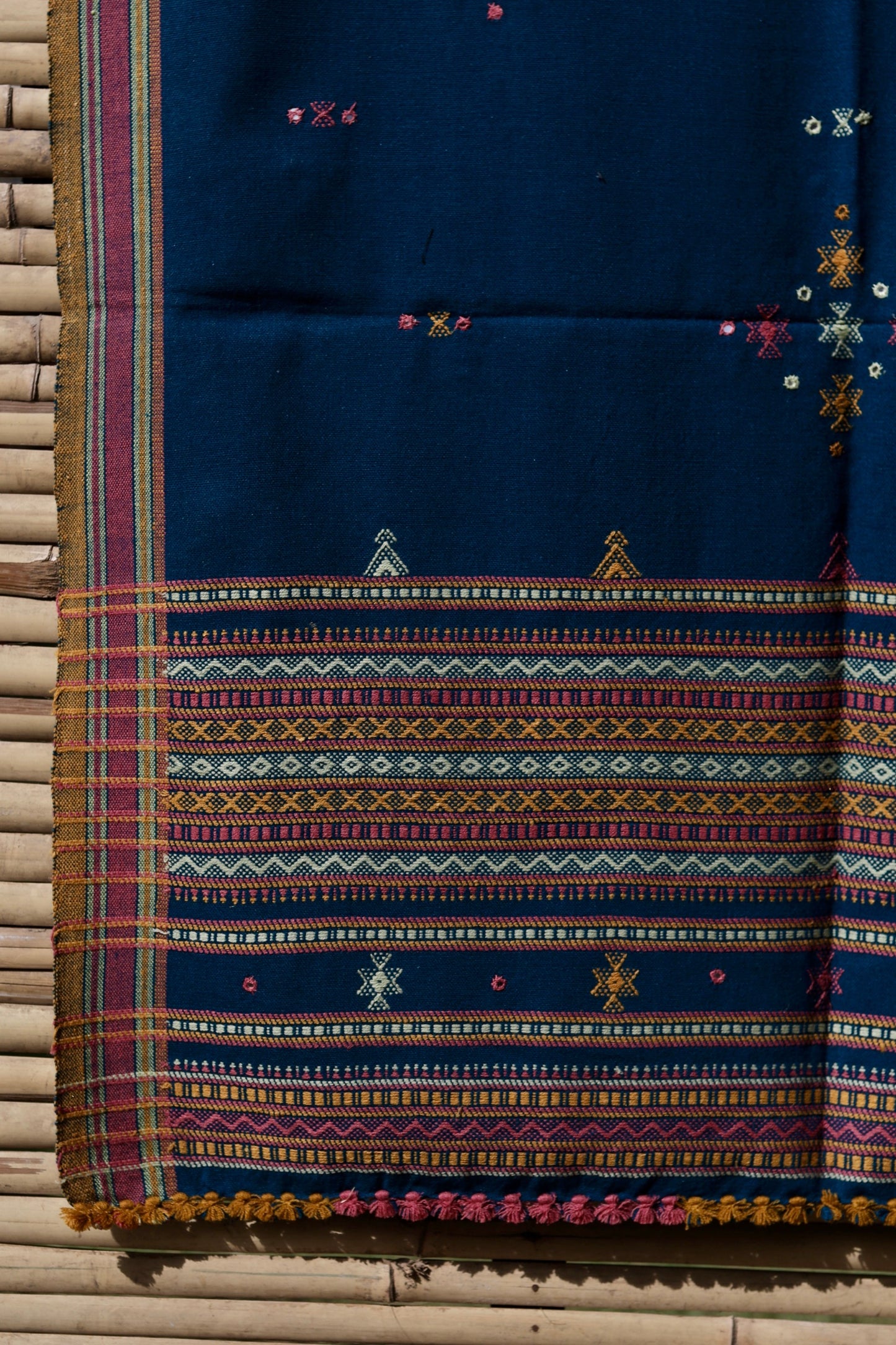 Premium handwoven woolen shawl in indigo blue with a soft texture and graceful drape