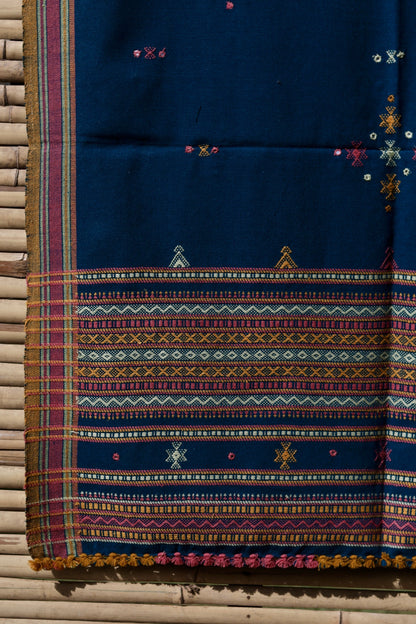 Premium handwoven woolen shawl in indigo blue with a soft texture and graceful drape