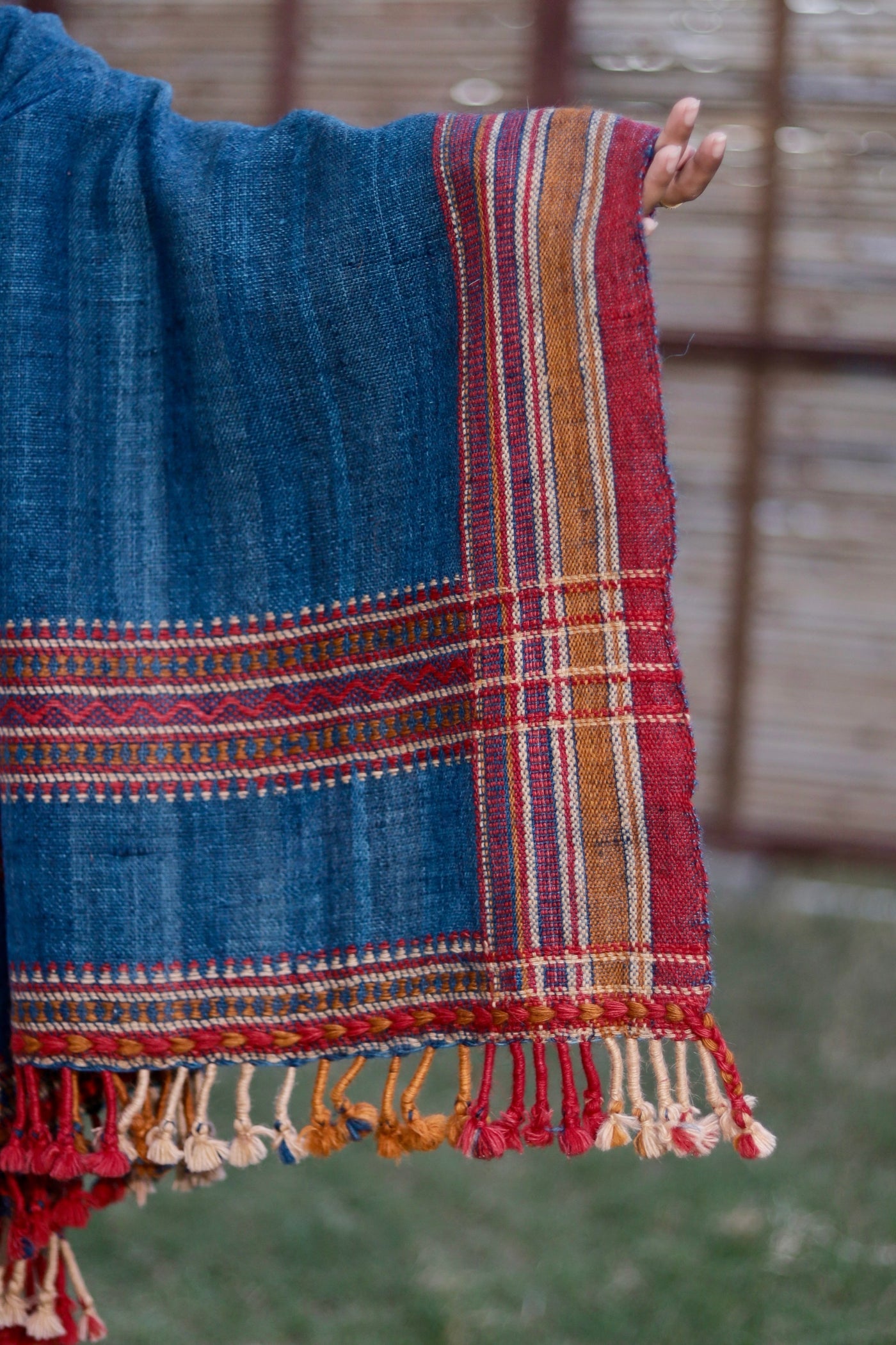 Premium indigo handspun woolen shawl featuring an authentic rustic finish and warm feel