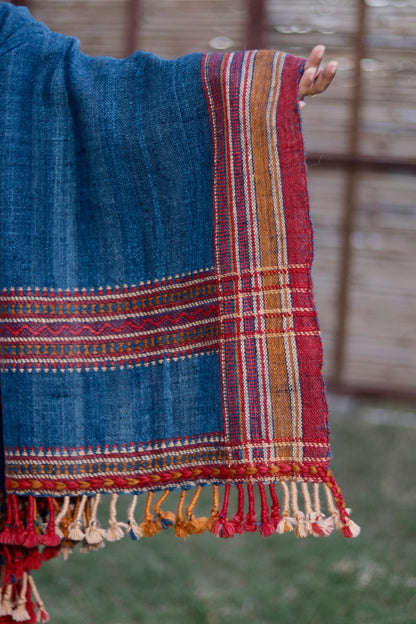 Premium indigo handspun woolen shawl featuring an authentic rustic finish and warm feel