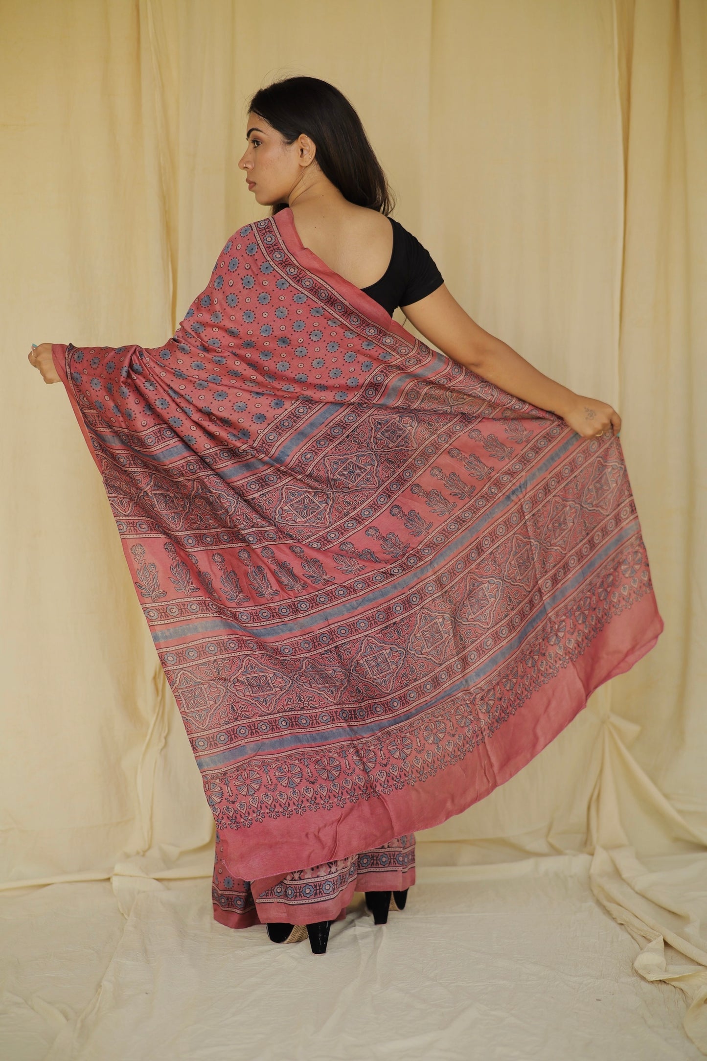 Premium lavender pink Chanderi silk saree with heritage-inspired Ajrakh designs and subtle sheen