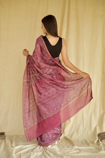Premium light magenta Chanderi silk saree with heritage-inspired Ajrakh designs and subtle sheen