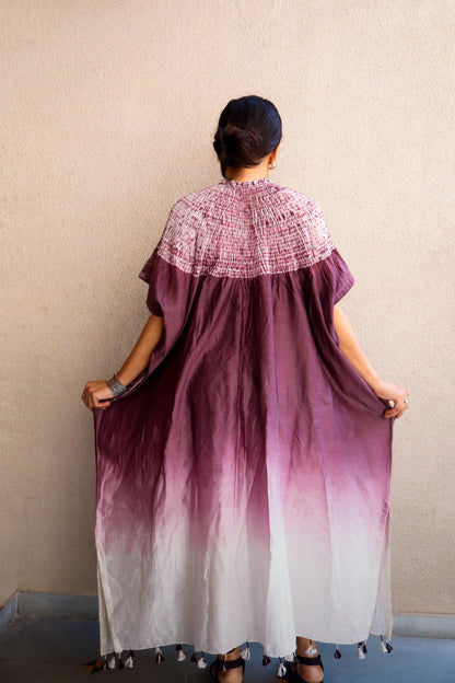 Elegant mauve dusk Bandhani Shibori kaftan crafted with authentic artisan dyeing techniques