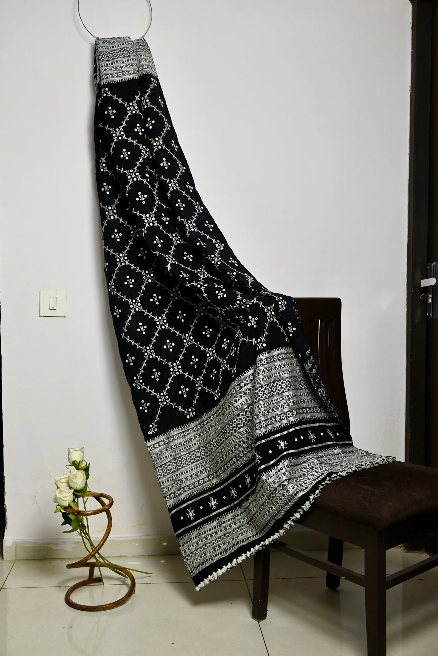 Premium handwoven woolen shawl in midnight black with a soft feel and graceful drape