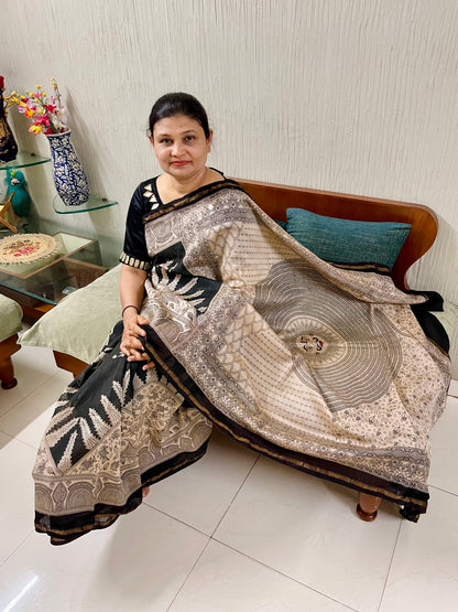 Handcrafted midnight and grey Mata Ni Pachedi saree adorned with authentic handpainted designs inspired by Gujarat's folk art heritage