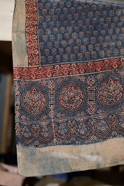 Lightweight midnight indigo Ajrakh dupatta with heritage block print motifs and elegant drape