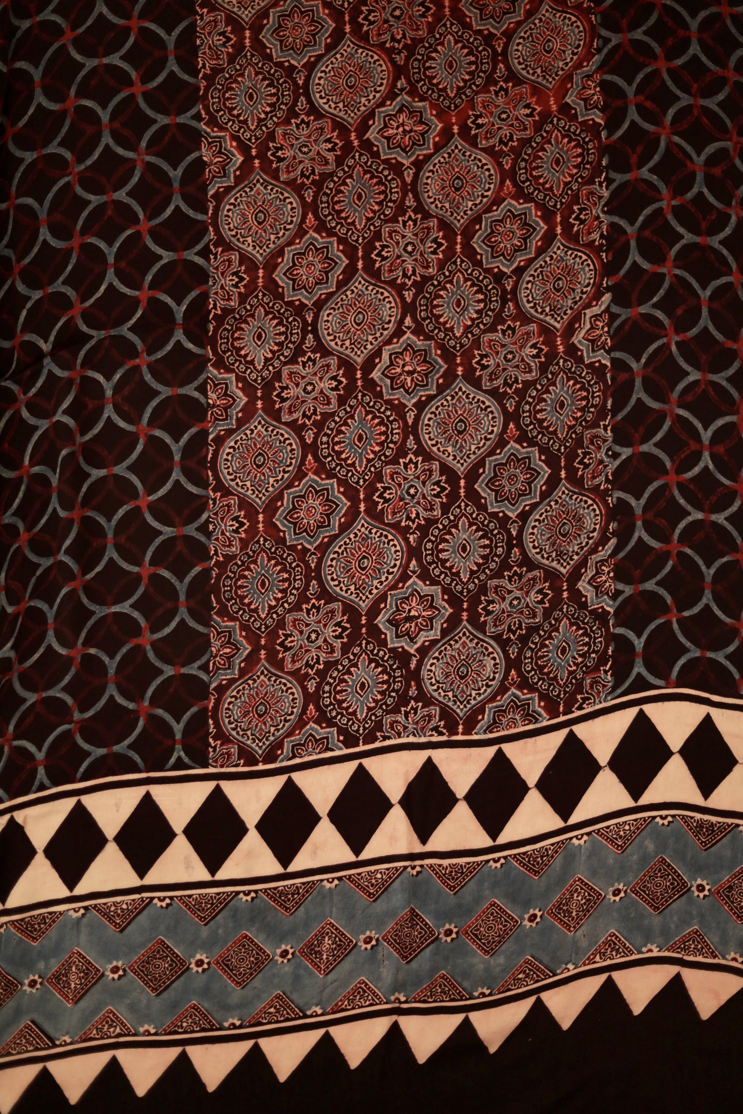 Traditional mocha brown Ajrakh modal silk dupatta showcasing authentic artisan craftsmanship