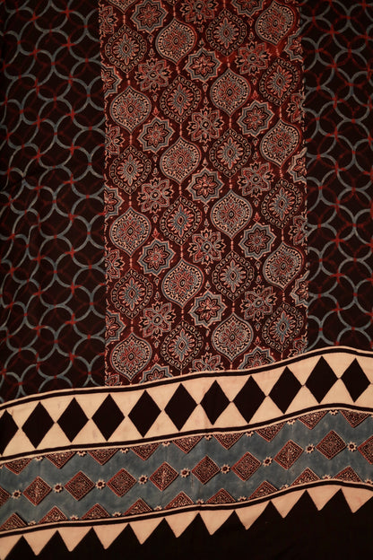 Traditional mocha brown Ajrakh modal silk dupatta showcasing authentic artisan craftsmanship
