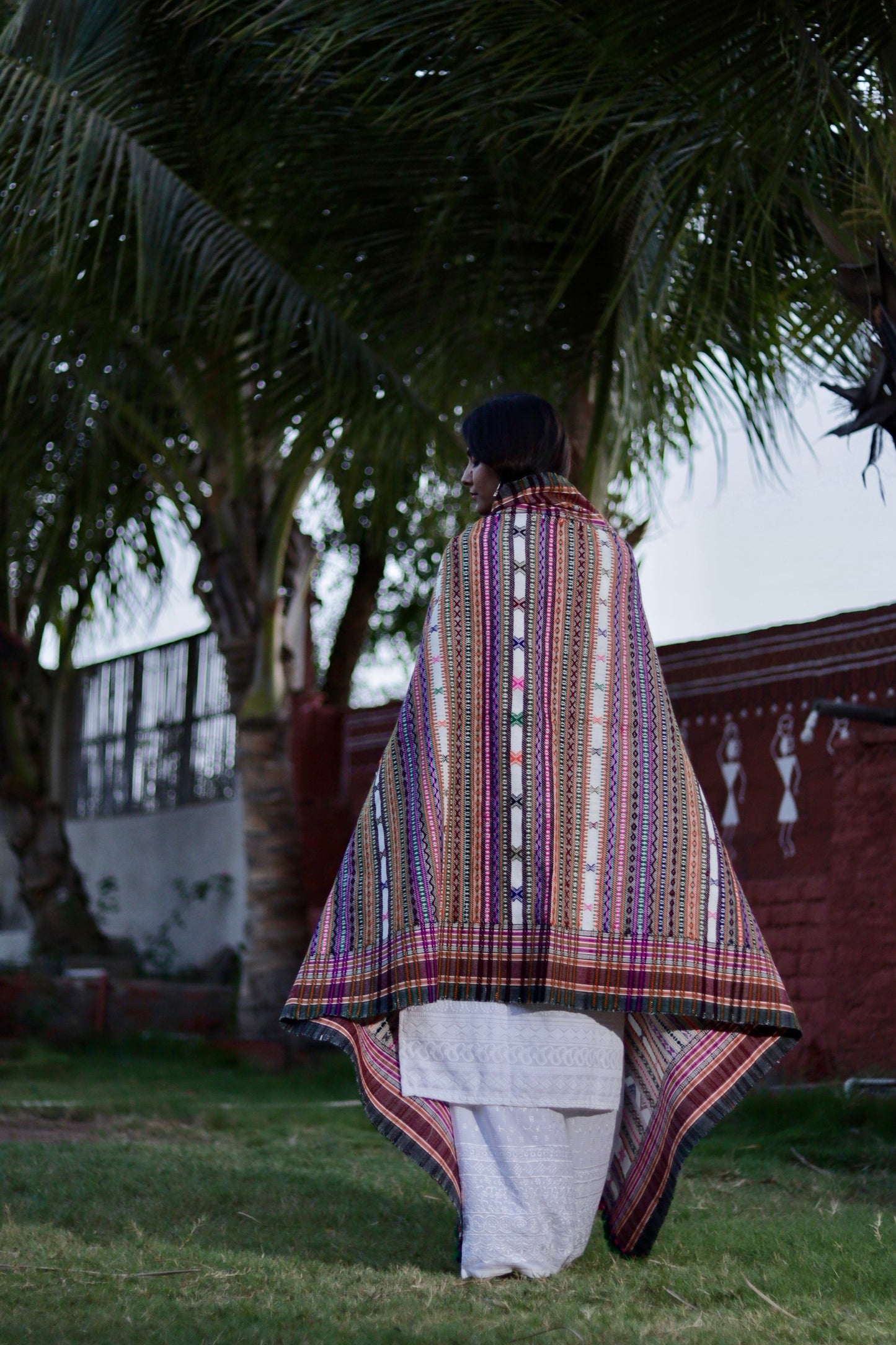 Premium handwoven woolen shawl showcasing a harmonious blend of rich colours and soft texture