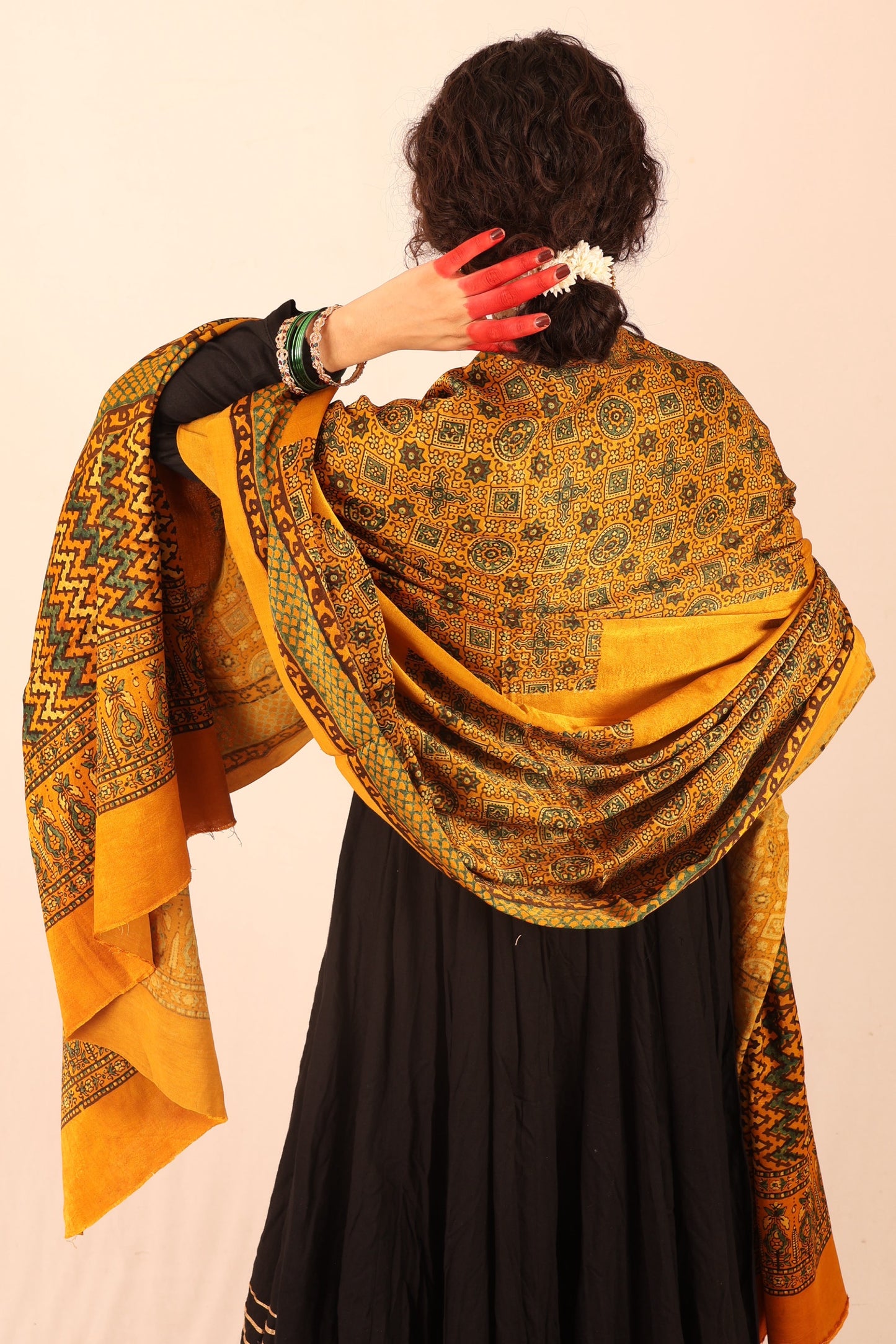 Handcrafted mustard modal silk dupatta showcasing authentic Ajrakh printing artistry