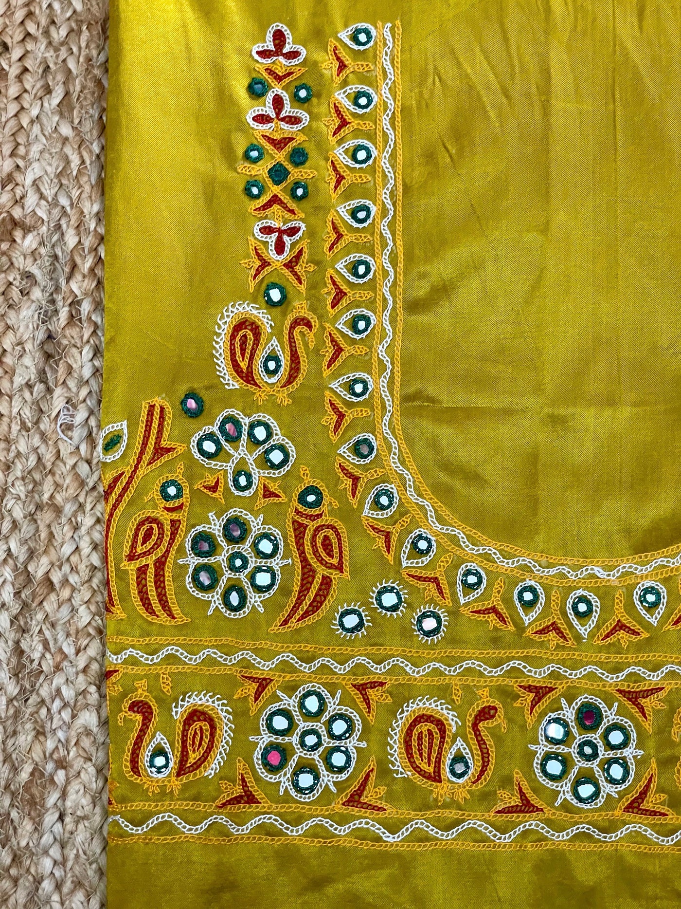 Traditional mustard yellow blouse piece featuring authentic Ahir embroidery craftsmanship