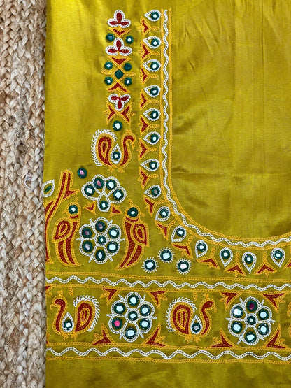 Traditional mustard yellow blouse piece featuring authentic Ahir embroidery craftsmanship