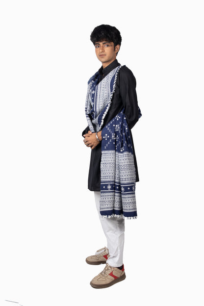 Premium handwoven men's wool shawl in navy with a soft texture and refined finish