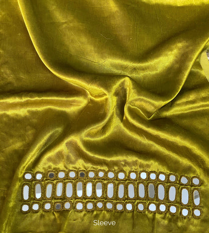 Olive gold mirror work blouse piece showcasing intricate handcrafted embellishments