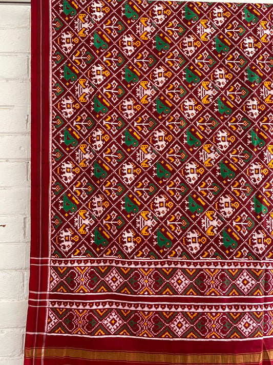 Handcrafted Patola silk dupatta showcasing authentic Double Ikat weaving artistry