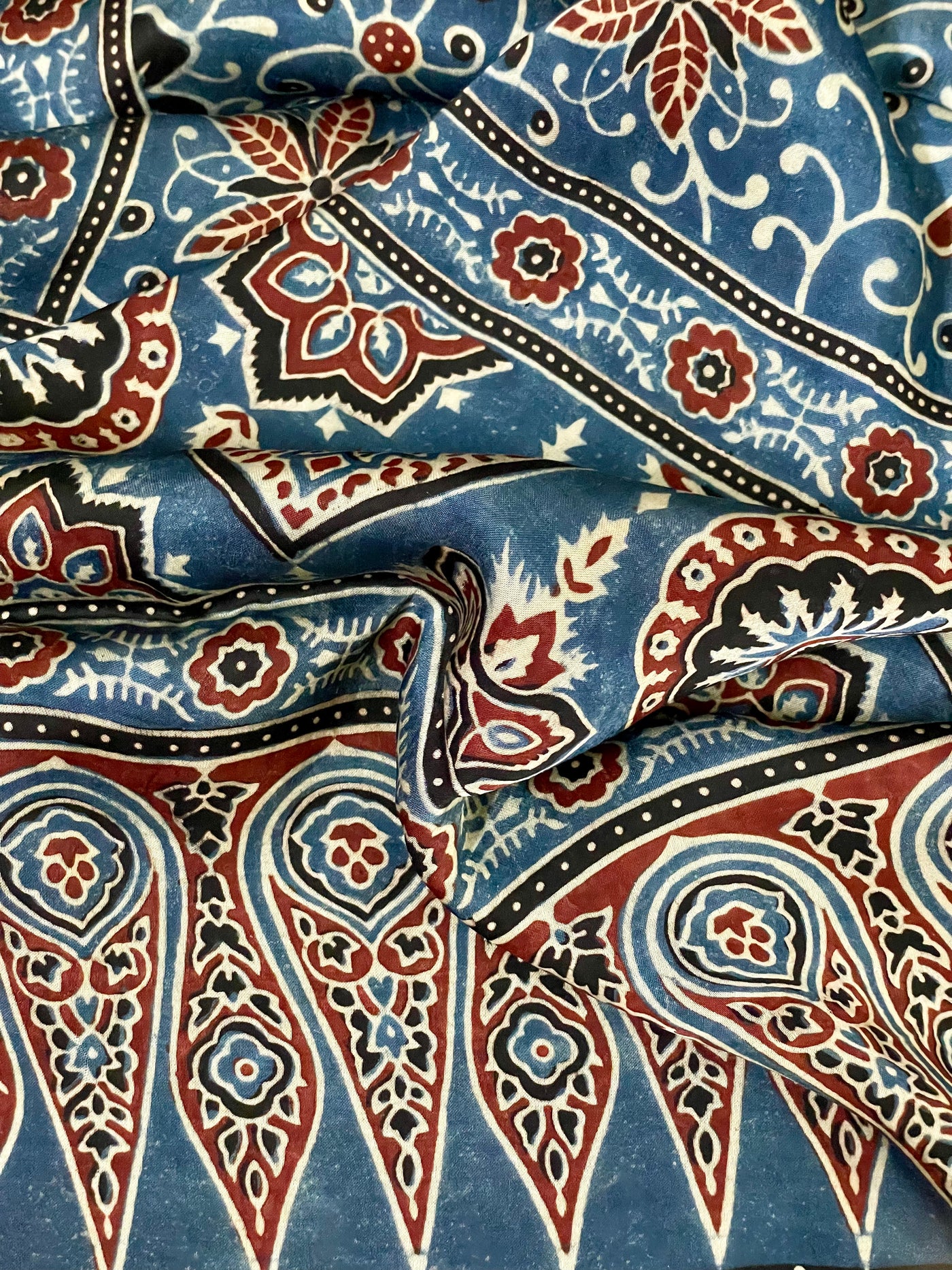Premium powder blue Ajrakh stole with heritage block print motifs and luxurious texture