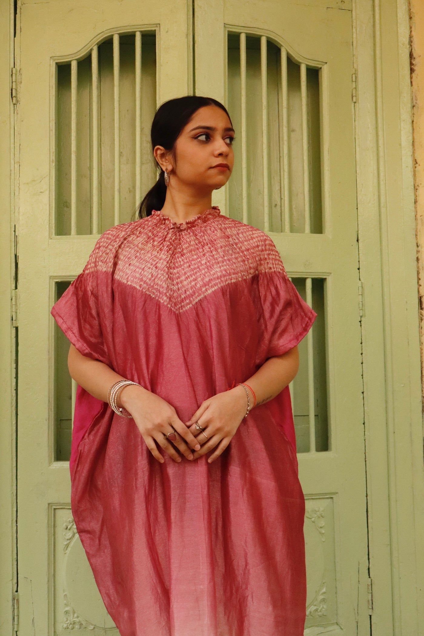 Elegant rose bloom Bandhani Shibori kaftan crafted with authentic artisan dyeing techniques