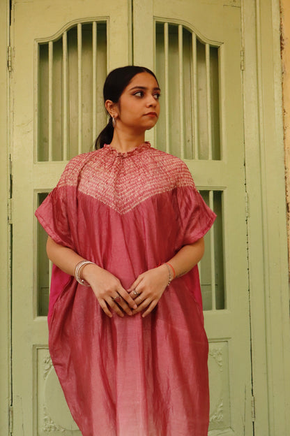 Elegant rose bloom Bandhani Shibori kaftan crafted with authentic artisan dyeing techniques