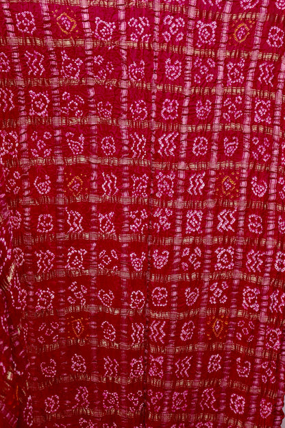 Rosewood Bandhani Gharchola Gajji silk saree featuring traditional tie-dye motifs and heritage-inspired checked patterns