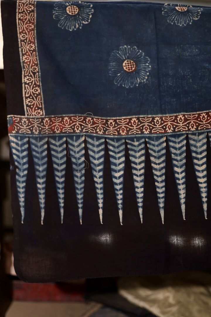 Ethnic royal blue mul cotton dupatta adorned with detailed Ajrakh-inspired patterns