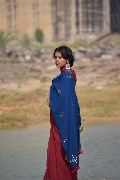 Premium handwoven woolen stole in royal blue with a soft feel and graceful drap