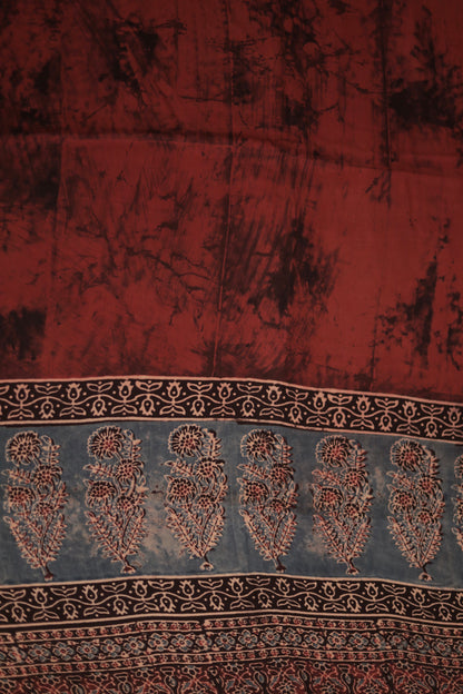 Traditional rustic maroon Ajrakh modal silk dupatta showcasing authentic artisan craftsmanship