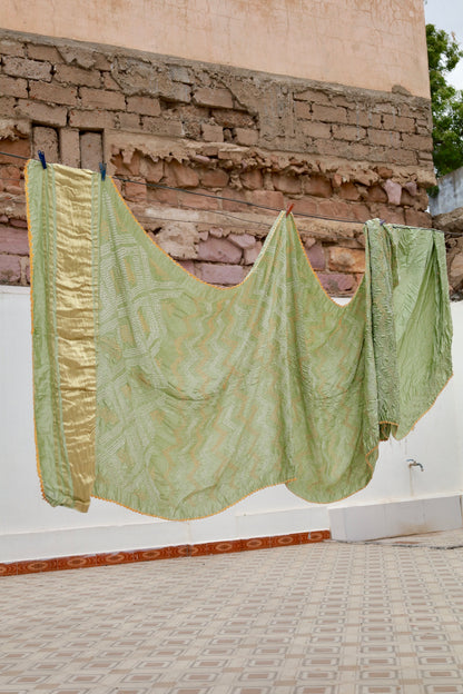 Handcrafted sage green silk saree showcasing authentic Rai Bandhani artistry with rich zari detailing