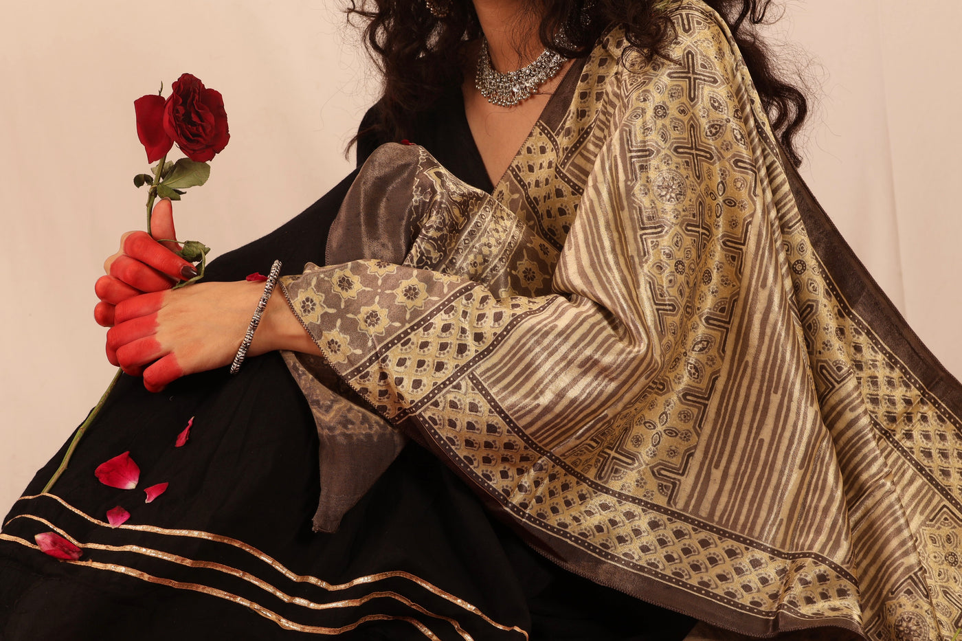 Traditional sand beige Ajrakh Mashru silk stole showcasing authentic artisan craftsmanship