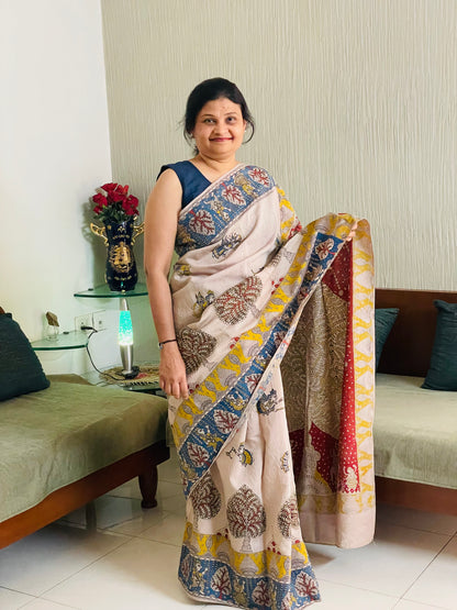 Handcrafted sandstone Mata Ni Pachedi saree adorned with authentic handpainted designs inspired by Gujarat's folk art heritage
