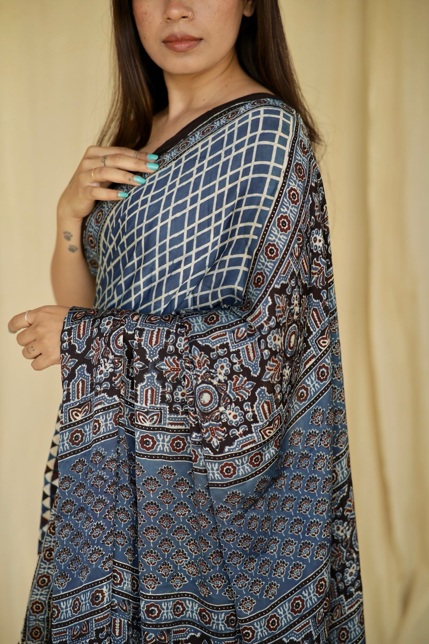 Premium sapphire blue modal silk saree with heritage-inspired Ajrakh designs and fluid texture