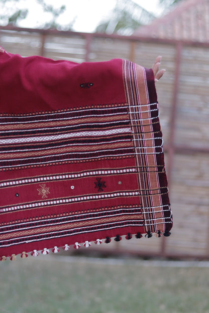 Premium handwoven woolen shawl in scarlet red with a soft texture and graceful drape