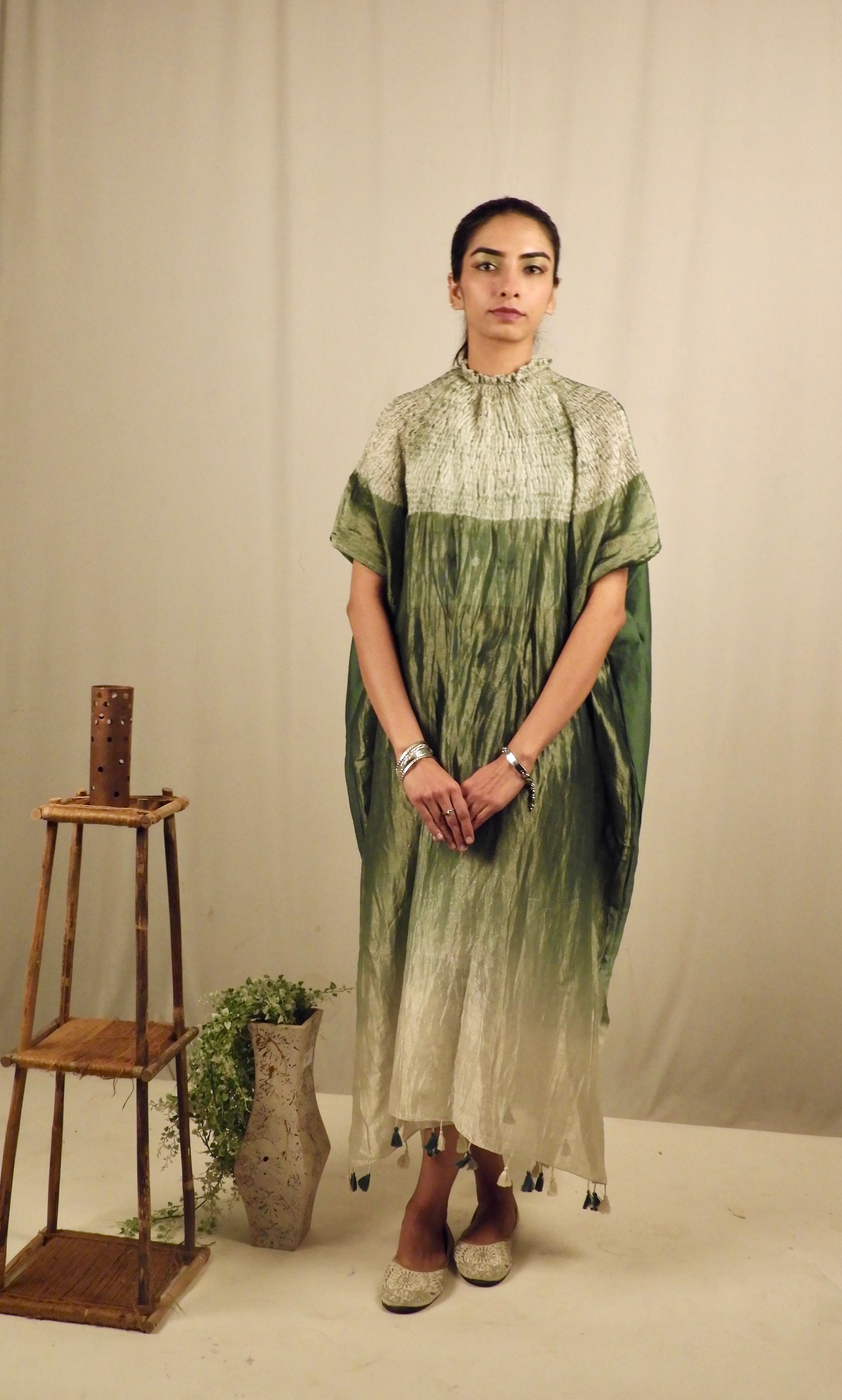 Elegant sea fern Bandhani Shibori kaftan crafted with authentic artisan dyeing techniques