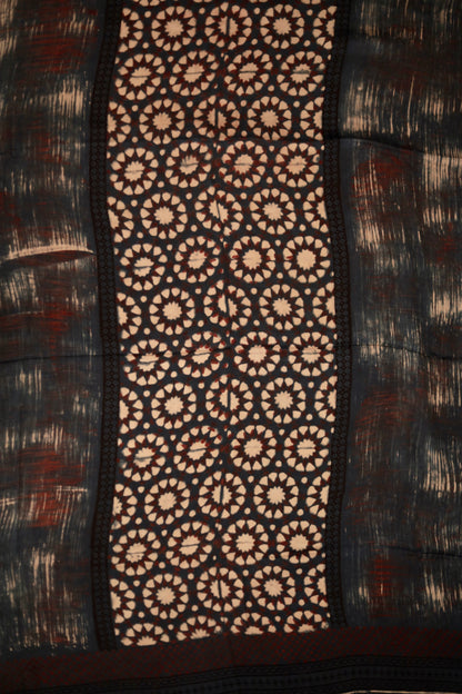 Traditional smoky Ajrakh modal silk dupatta showcasing authentic artisan craftsmanship