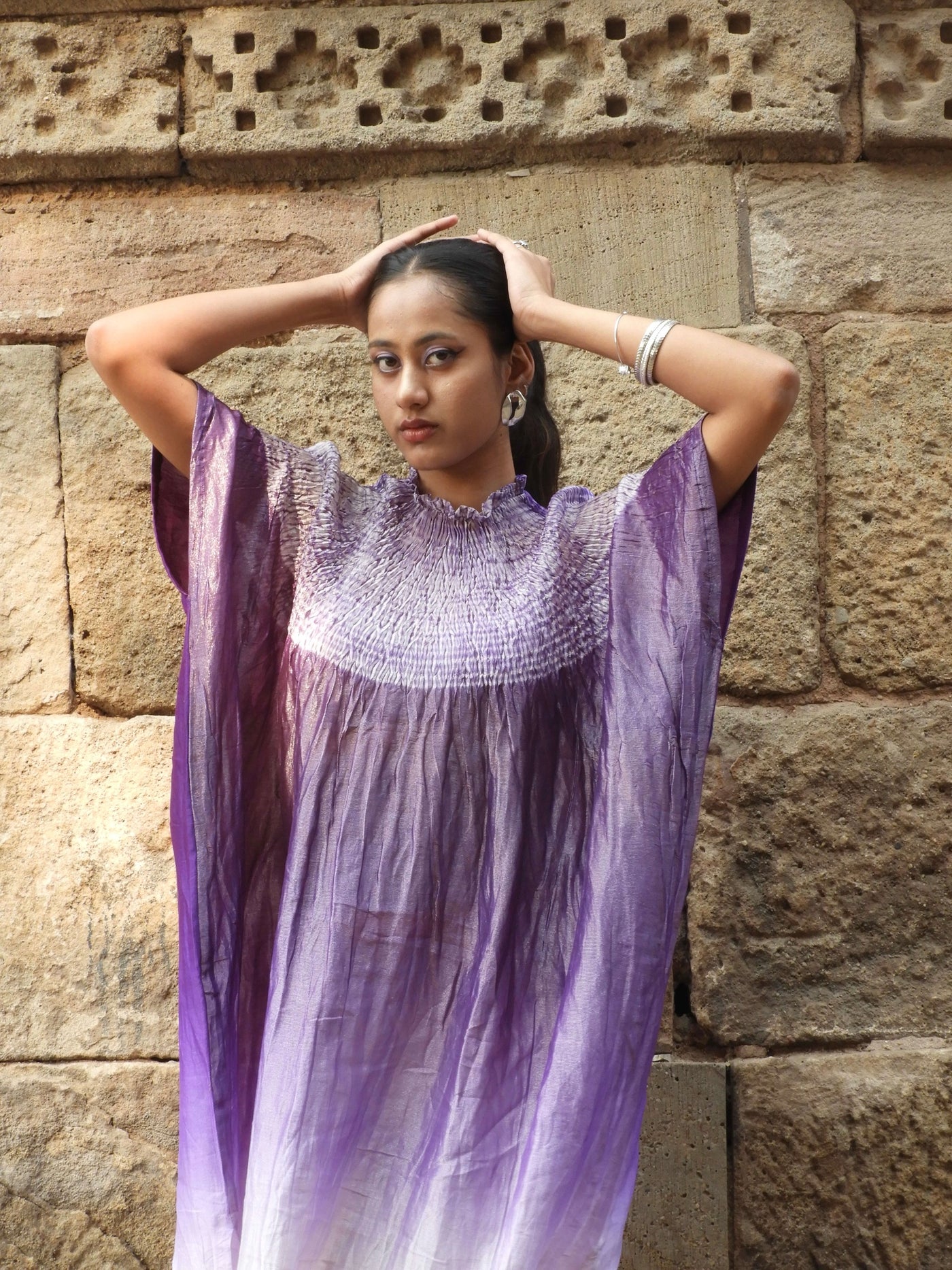 Elegant splendid violet Bandhani Shibori kaftan crafted with authentic artisan dyeing techniques