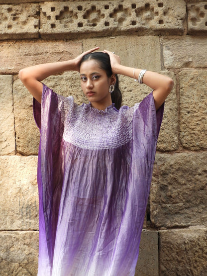Elegant splendid violet Bandhani Shibori kaftan crafted with authentic artisan dyeing techniques