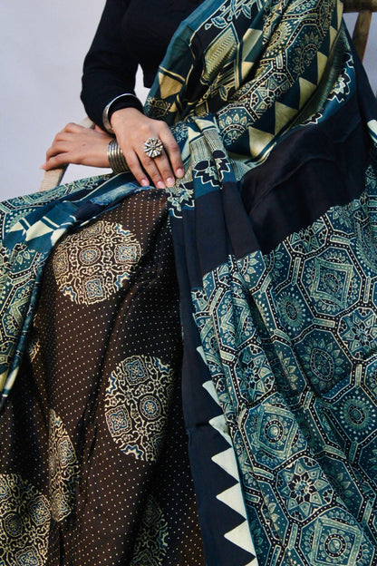 Premium teal blue modal silk saree with heritage-inspired Ajrakh designs and graceful texture