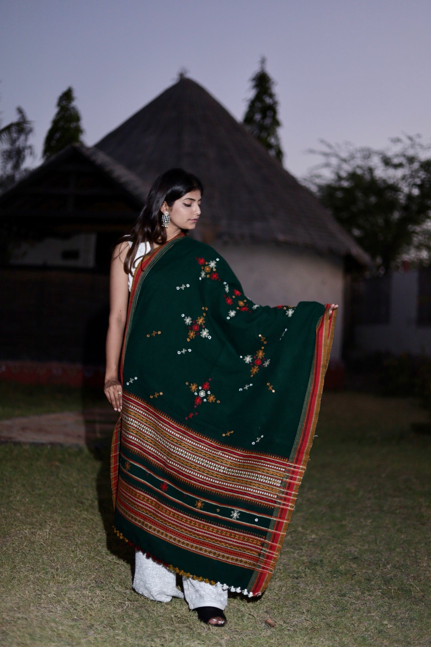 Premium handwoven woolen shawl in teal with a soft finish and graceful drape