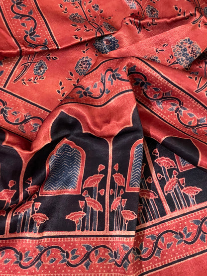 Traditional terracotta red Ajrakh Mashru silk stole showcasing authentic artisan craftsmanship