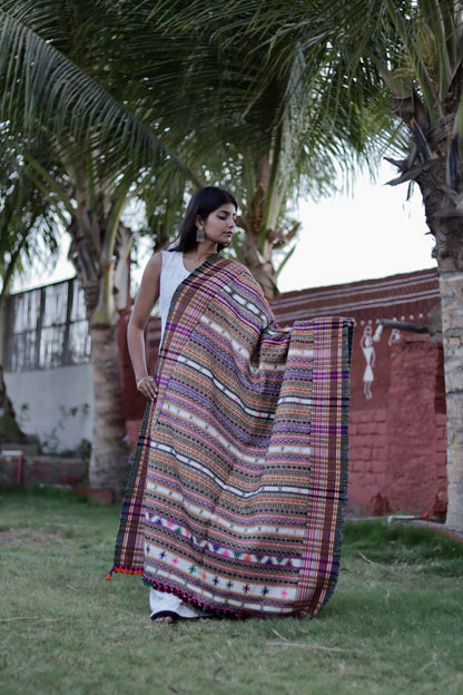 Premium handwoven woolen shawl showcasing a harmonious blend of rich colours and soft texture