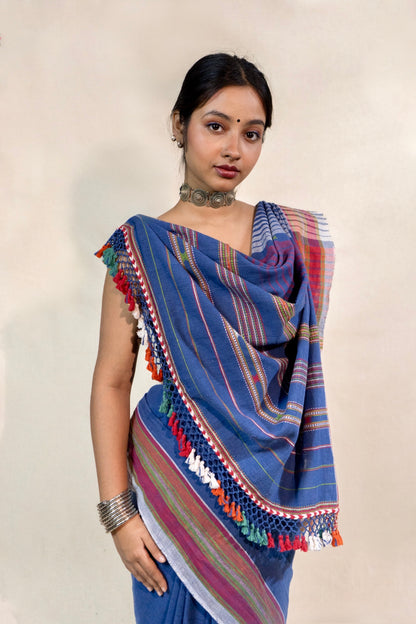Traditional indigo Bhujodi Kala Cotton saree with rich handwoven textures and graceful drape