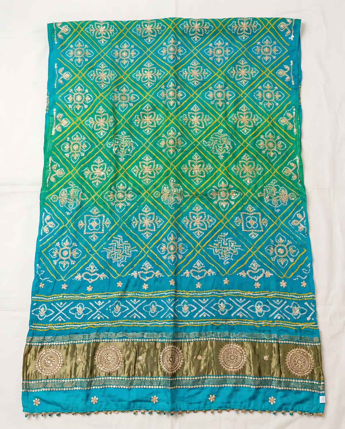 Aqua blue Bandhani dupatta with gota patti work, full view