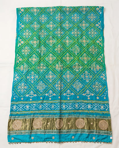 Aqua blue Bandhani dupatta with gota patti work, full view