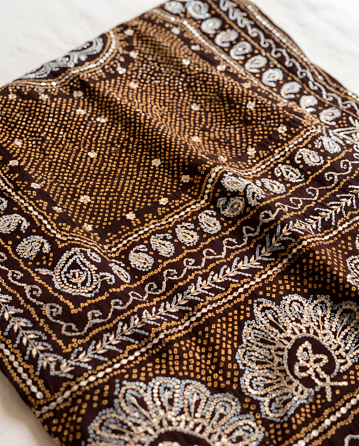 Black Bandhej dupatta combining tie-dye and Gota Patti detailing