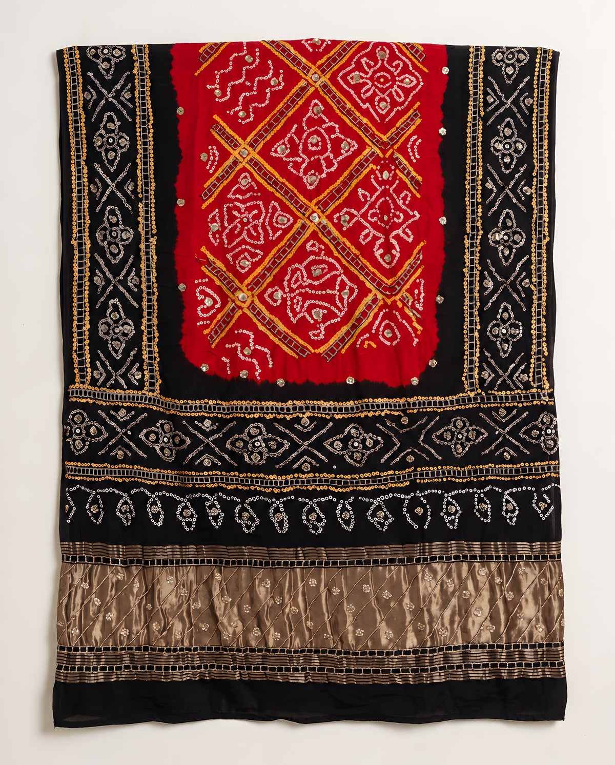 Midnight black and red Bandhani dupatta with gota patti work, full view
