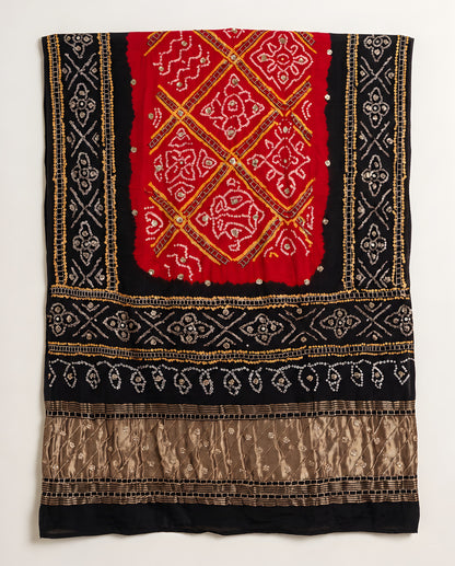 Midnight black and red Bandhani dupatta with gota patti work, full view